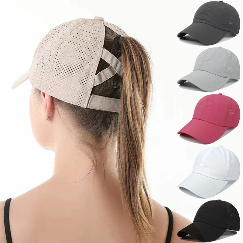 Summer Solid Color Baseball Caps Golf Wear Women Sport Leisure Cross Ponytail Hat Mesh Quick-Drying Half-Hollow Men's Peaked Cap